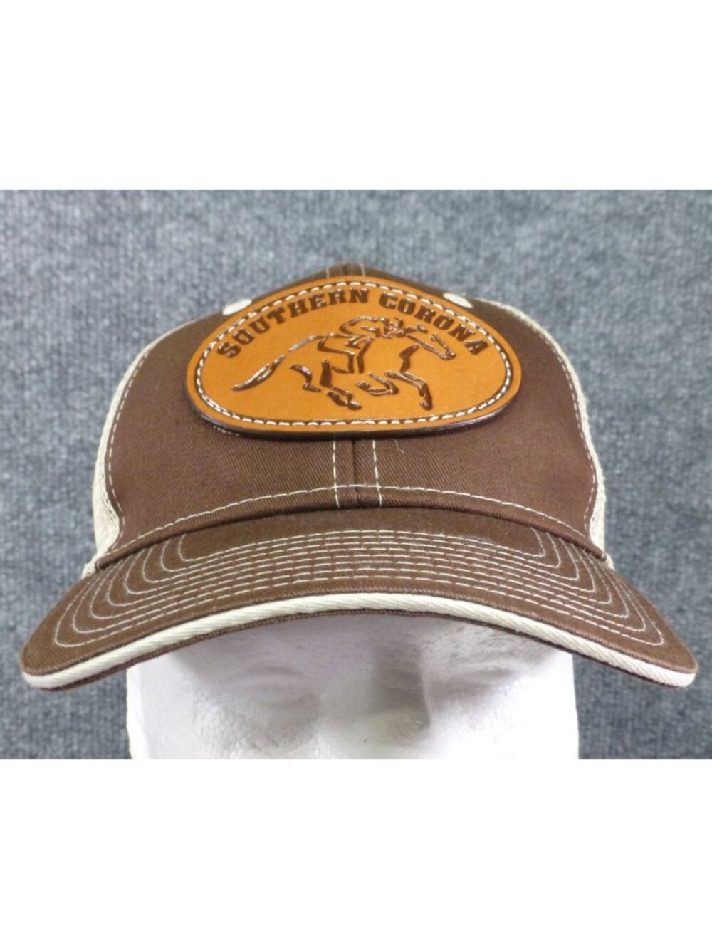 Southern Corona Brown Trucker Hat With Leather Patch & Mesh Back Adjustable Cap